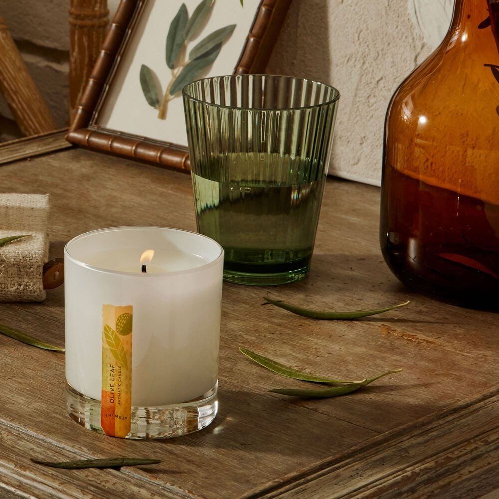 Thymes Olive Leaf Candle in Glossed Ceramic Jar featured on table with vases image number 1